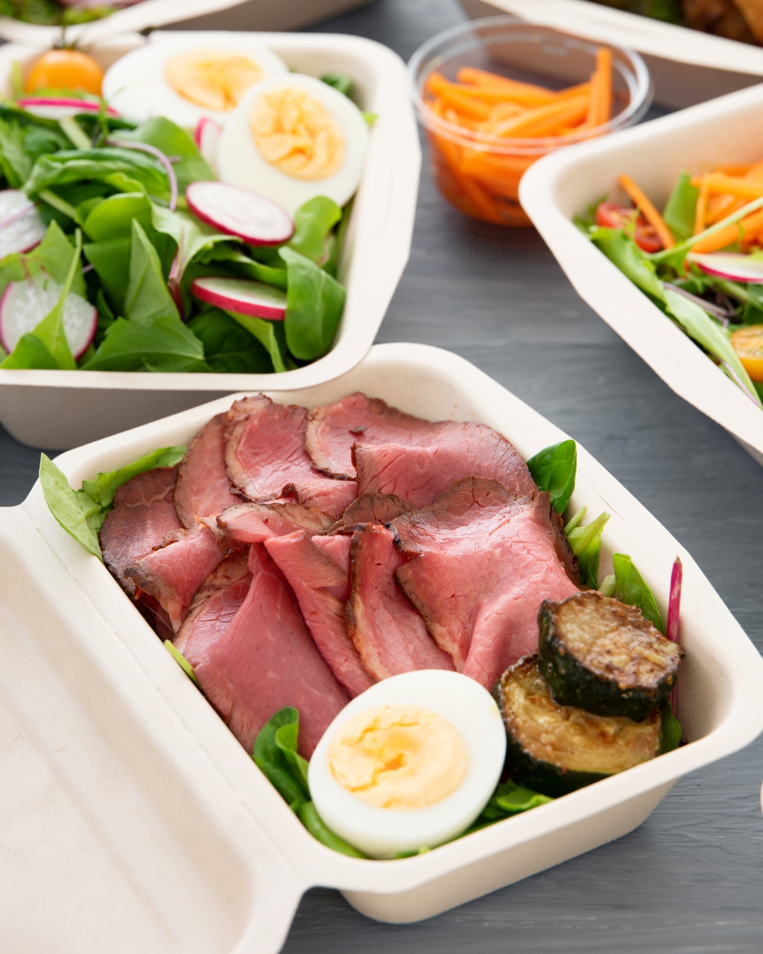 Two molded fiber containers with salads inside and one with sliced meat. - Dogfish Packaging