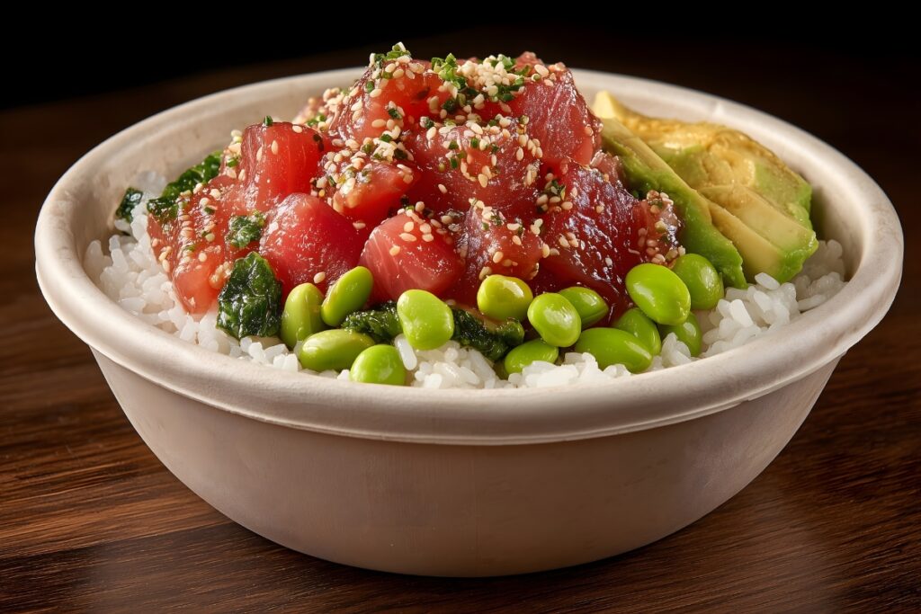 Closeup molded fiber bowl filled with a poke meal.