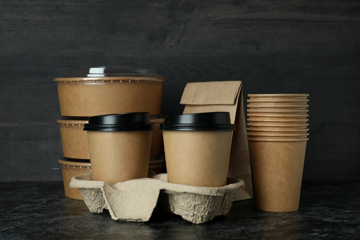Recyclable eco-friendly Dogfish Packaging cups, bowls, and bag.